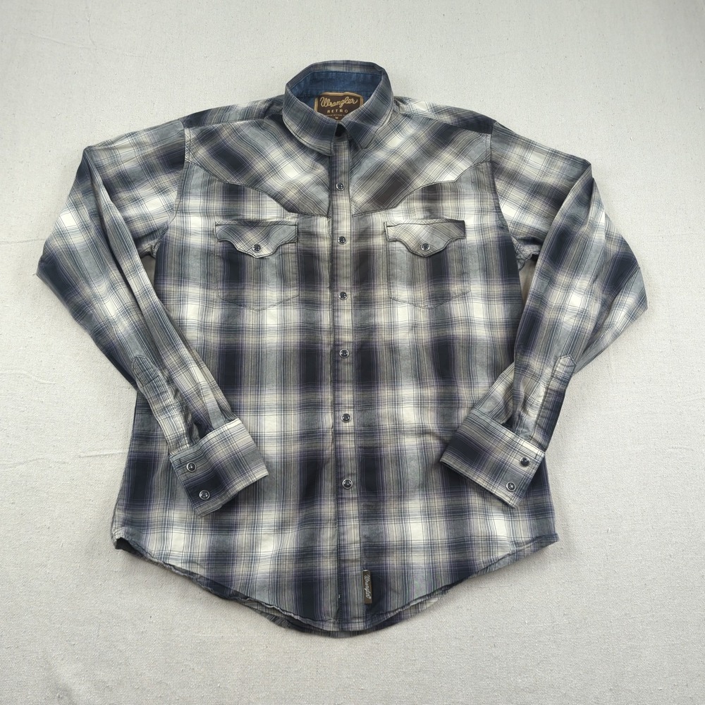 Wrangler Shirt Mens‎ Medium Plaid Flannel Retro Western Cowboy Pearl Snap